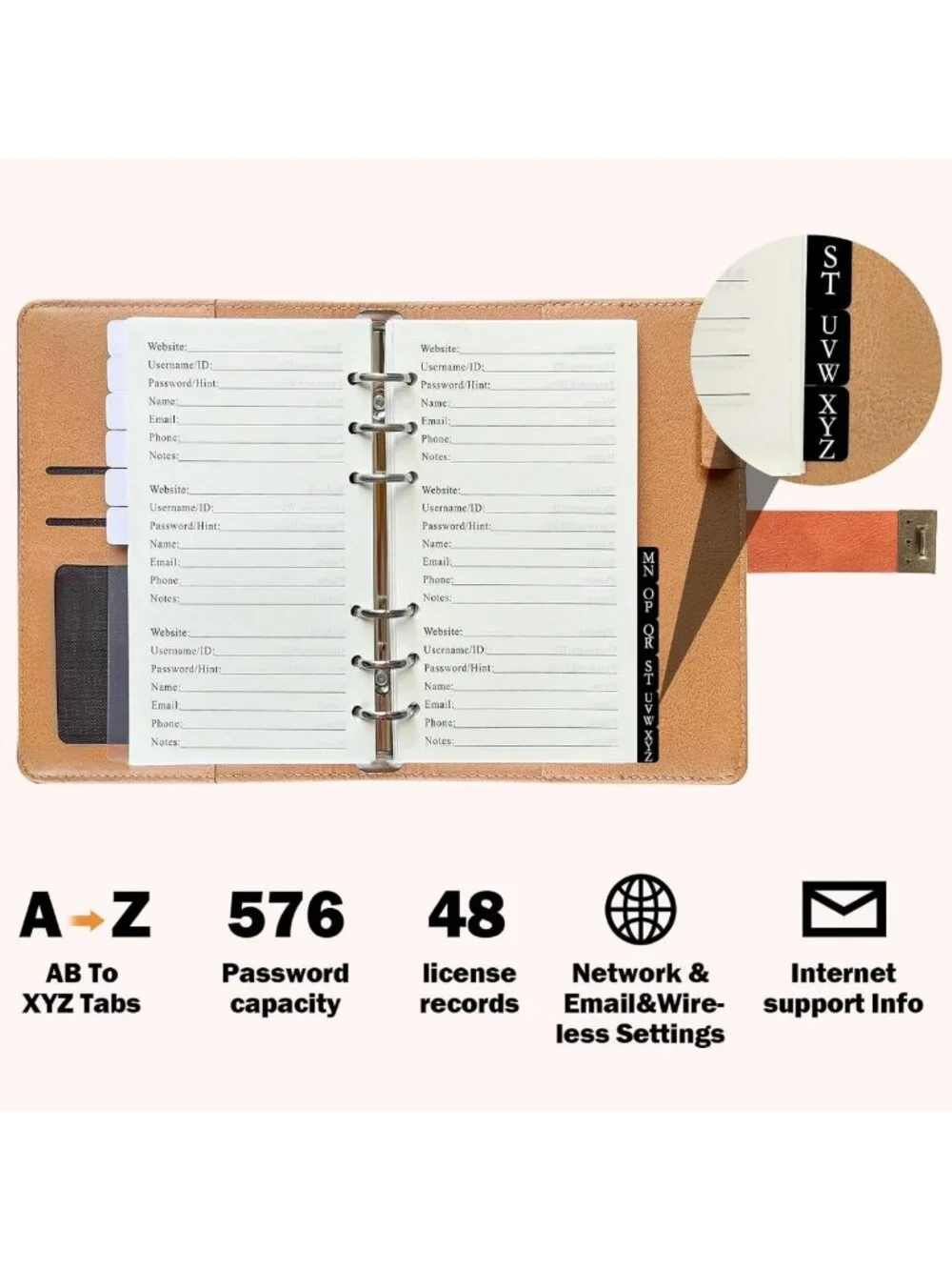 Lockable Password Keeper Journal - 316 Pages, Alphabetical Tabs, Brown